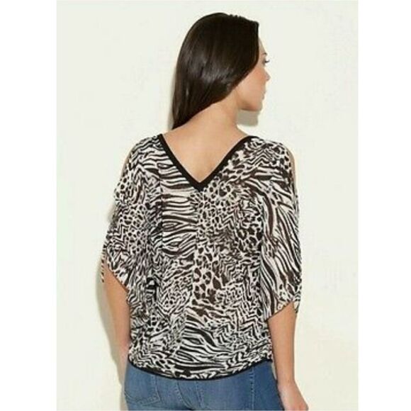 Guess Cold Shoulder Slit Arm Black White Zebra Leooard Print V Neck Blouse - Picture 4 of 7